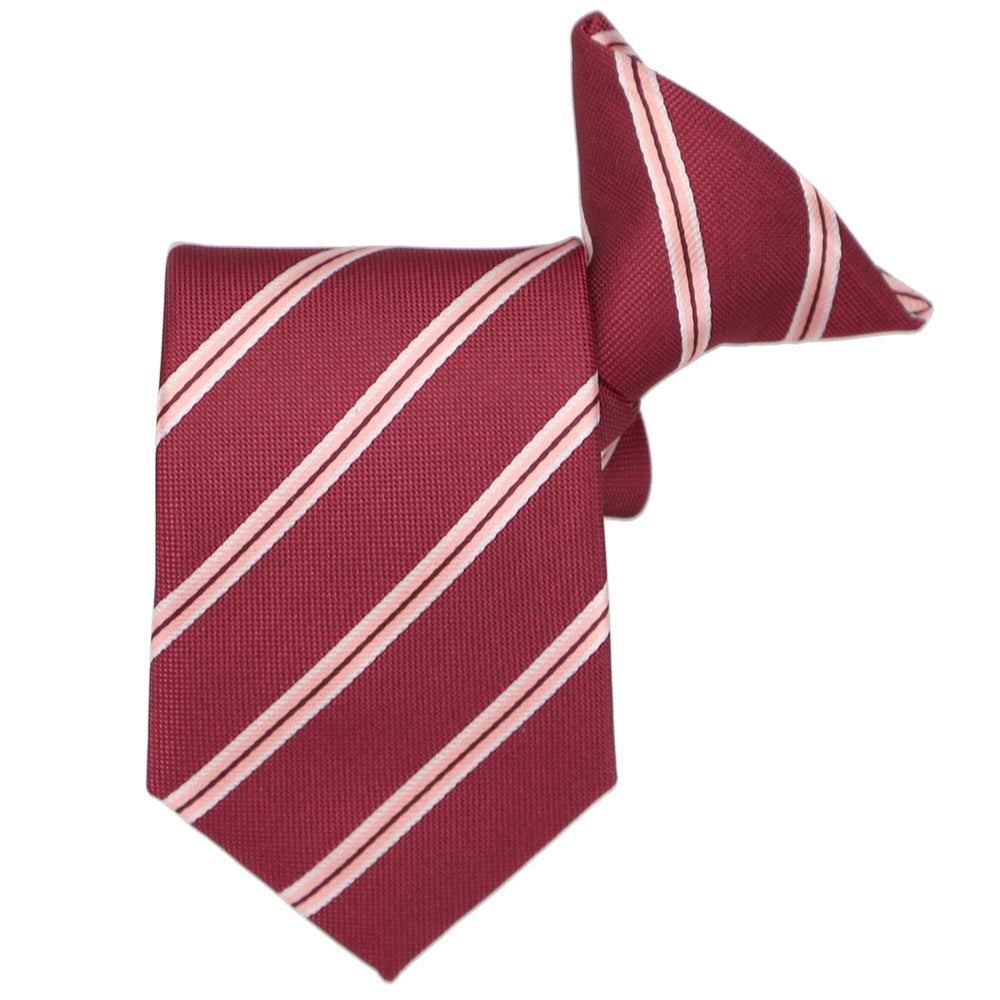 Boys' burgundy and pink striped clip-on tie, folded front view  Edit alt text