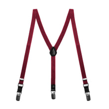 Load image into Gallery viewer, A pair of kids&#39; sized burgundy suspenders, laid out flat into an M shape