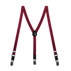 A pair of kids' sized burgundy suspenders, laid out flat into an M shape