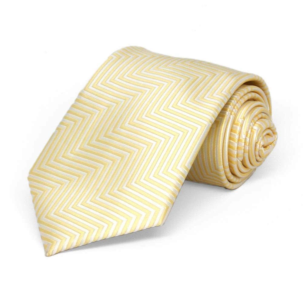 Boys' yellow and white chevron striped necktie, rolled to show pattern up close