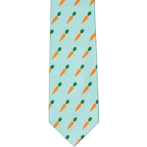 The front view of a boys carrot tie in aqua, laid out flat
