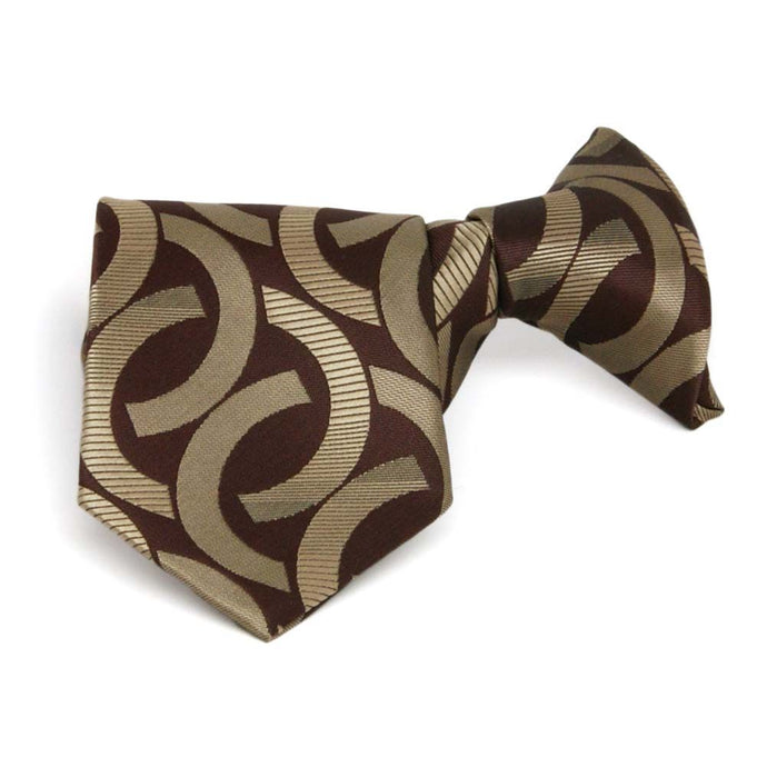 Boys' brown and beige link pattern clip-on tie, folded front view