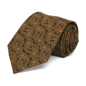 Dark brown and antique gold paisley boys' necktie, rolled to show texture of pattern