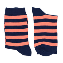 Load image into Gallery viewer, A pair of boys coral and navy blue striped socks, folded and laying flat