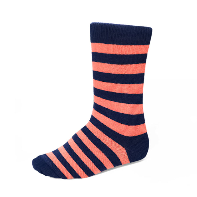 A boys sock in coral and navy blue stripes