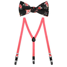 Load image into Gallery viewer, A boys&#39; black and coral floral bow tie paired with coral suspenders