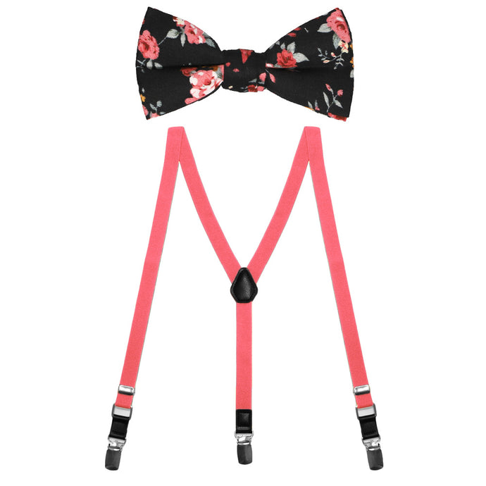 A boys' black and coral floral bow tie paired with coral suspenders
