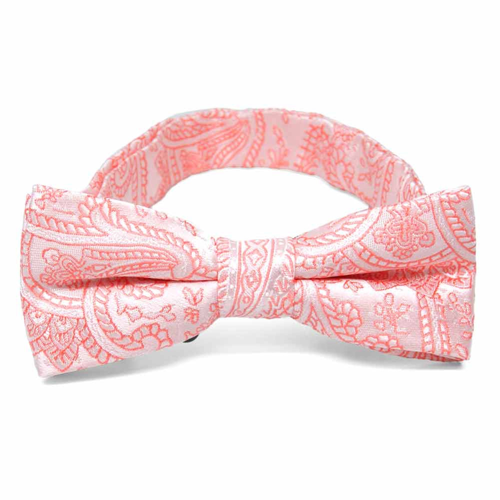 Boys' coral paisley bow tie, up close front view