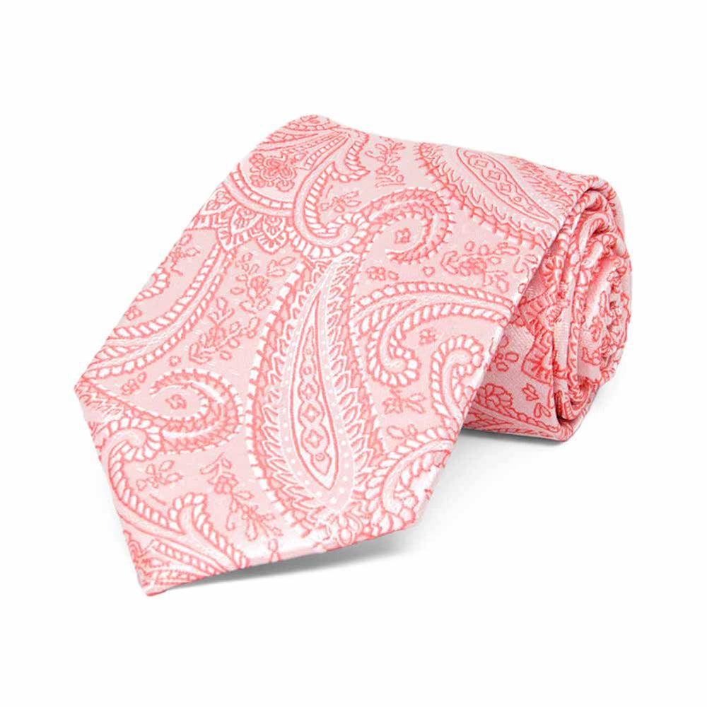 Boys' coral paisley necktie, rolled to show pattern up close