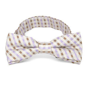 Cream, light purple and tan plaid boys' bow tie, front view
