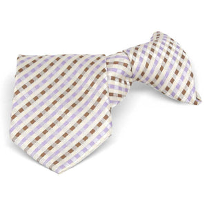 Cream, light purple and tan plaid boys' clip-on tie, folded front view
