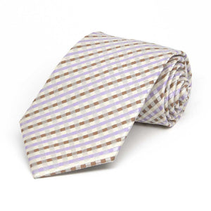Rolled view of a cream, lavender and tan plaid boys' necktie