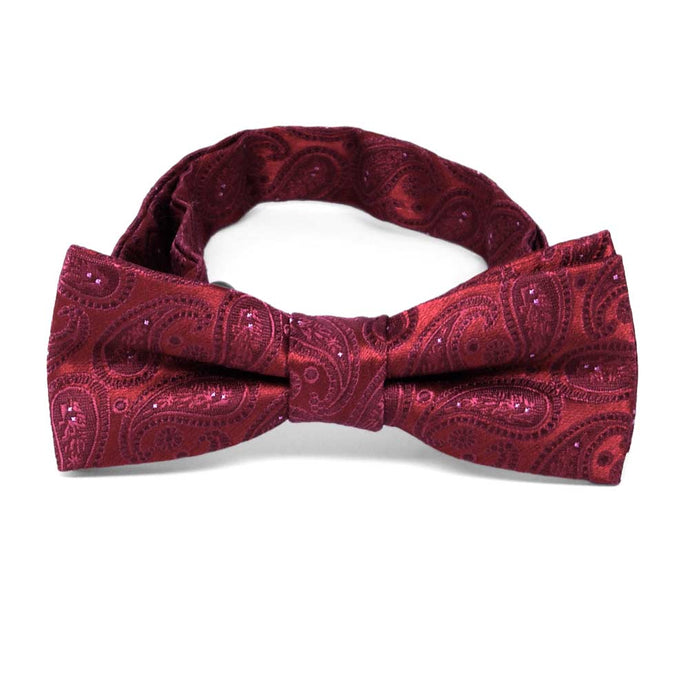 Crimson red paisley boys' bow tie, front view