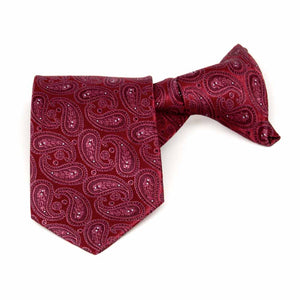 Crimson red paisley boys' clip-on tie, folded front view