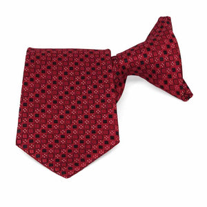 Folded front view of a crimson red square pattern boys' clip-on tie