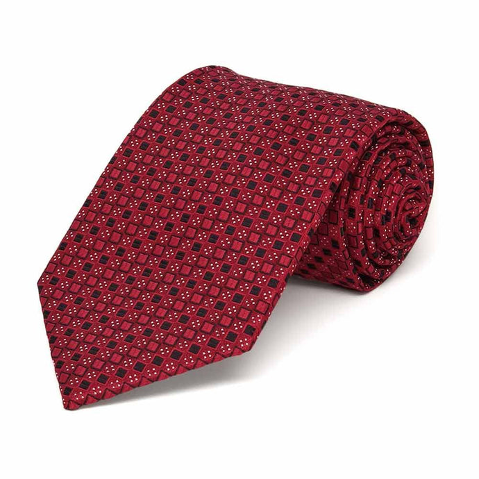 Rolled view of a crimson red square pattern boys' necktie