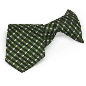 Boys' dark green plaid clip-on tie, folded front view