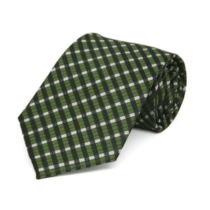 Boys' dark green plaid necktie, rolled to show pattern and texture