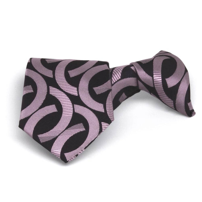 Boys' lavender and black link pattern clip-on tie, folded front view