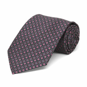 Pink, black and gray square pattern boys' necktie, rolled view