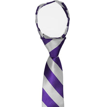Load image into Gallery viewer, The knot and collar on a boys&#39; pre-tied zipper tie in dark purple and silver