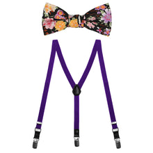 Load image into Gallery viewer, A boys&#39; floral bow tie with dark purple suspenders