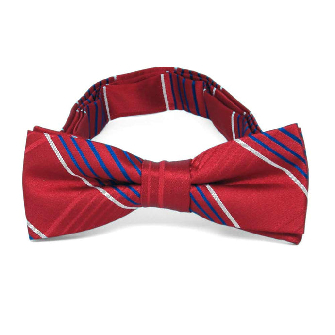 Boys' red, white and blue plaid bow tie, close up front view