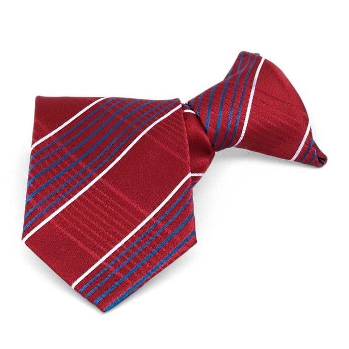 Boys' red, white and blue plaid clip-on tie, folded front view