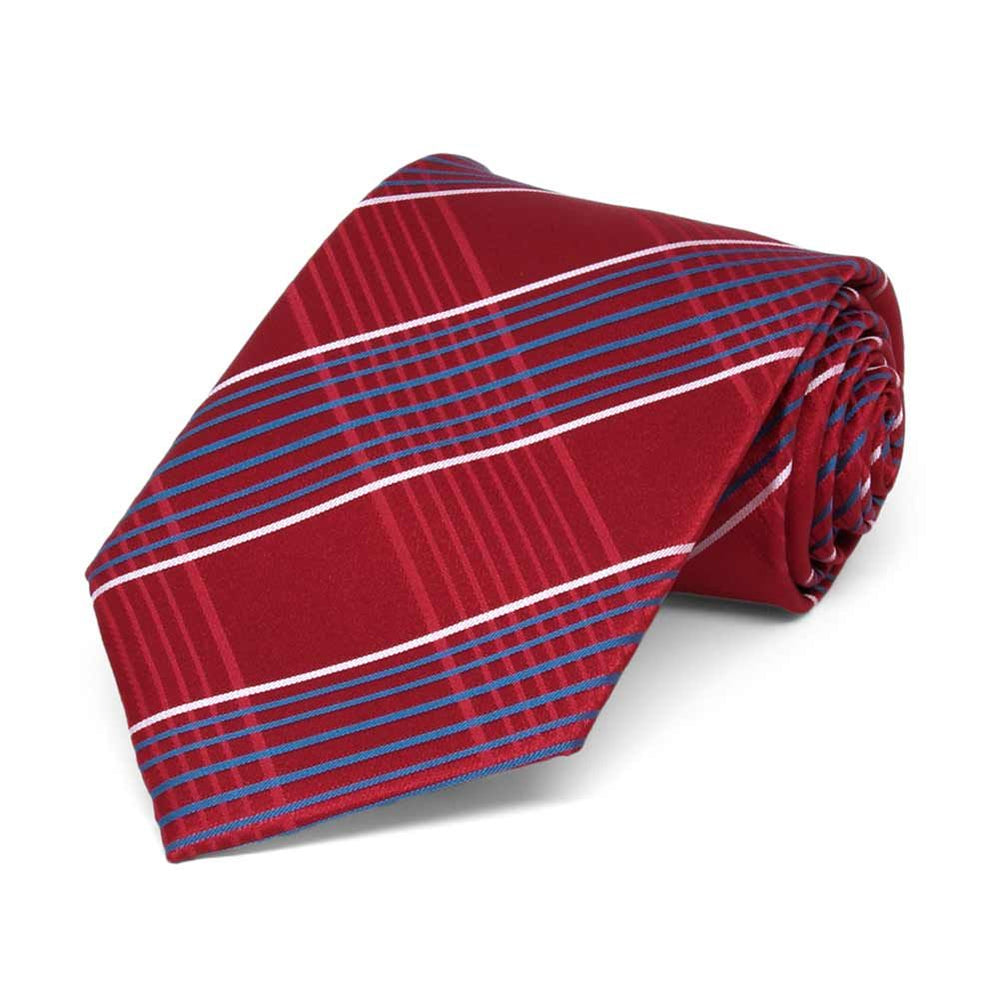 Boys' red, white and blue plaid necktie, rolled to show pattern up close