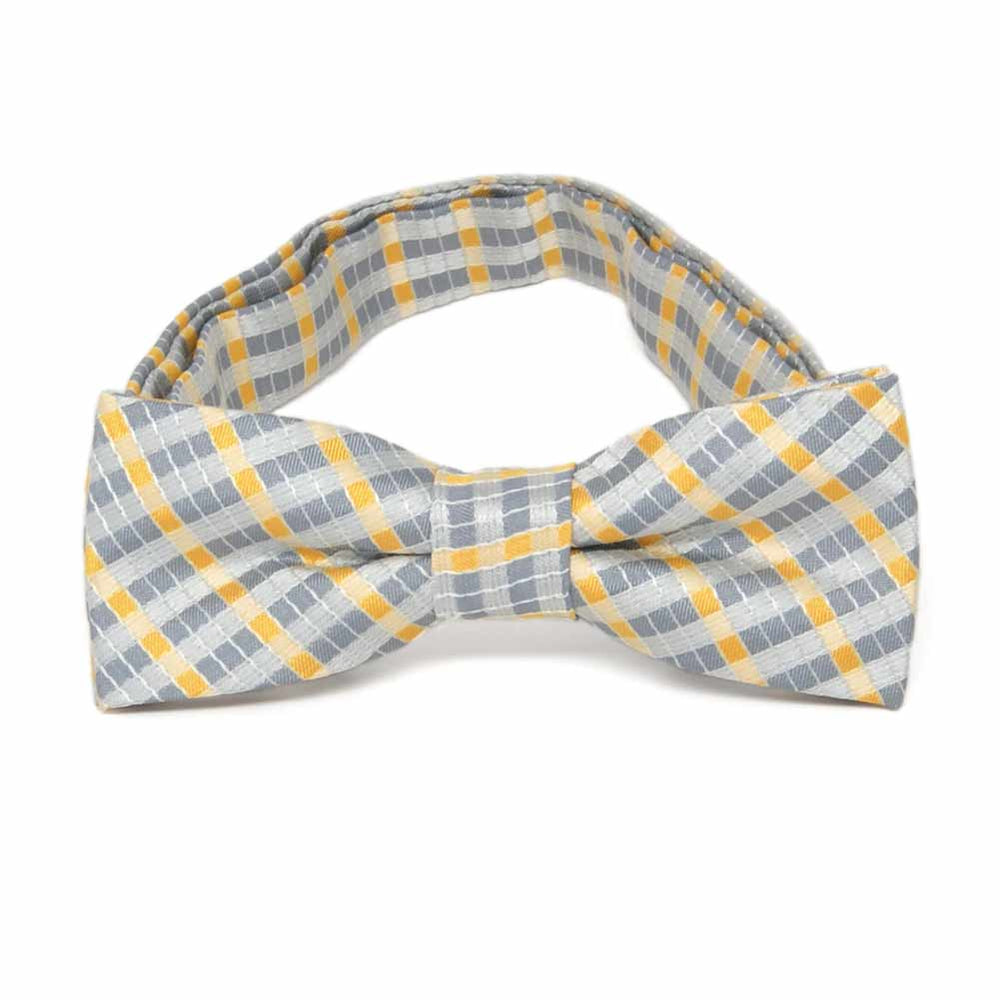 Boys' yellow and silver plaid bow tie, front view