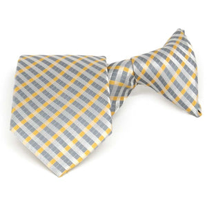 Silver and yellow plaid boys' clip-on tie, folded front view