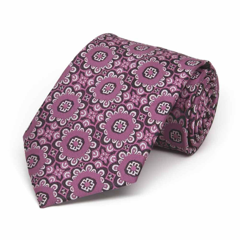 Rolled view of a deep magenta floral pattern boys' necktie