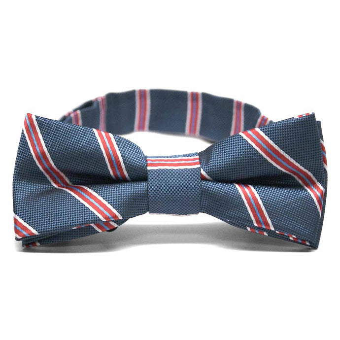 Denim blue, white and red striped boys' bow tie, front view