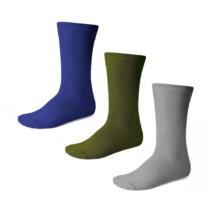 Boys' crew socks in royal blue, olive and gray