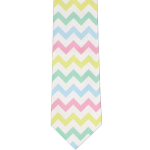 The front of a boys' tie, laid out flat, in white with pastel colored zigzag stripes