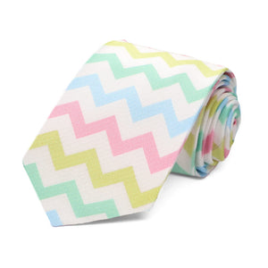 A boys tie in with pastel and white zigzag stripes