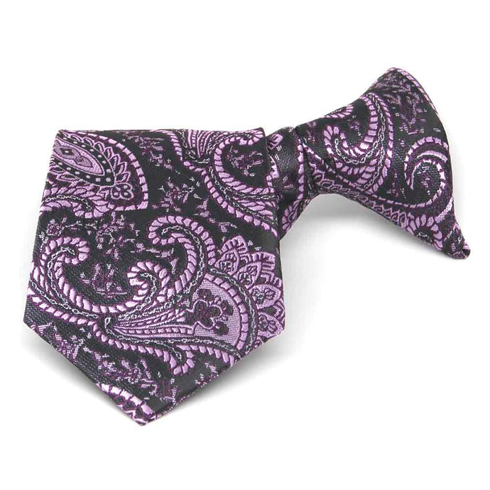 Boys' eggplant paisley clip-on tie, folded front view