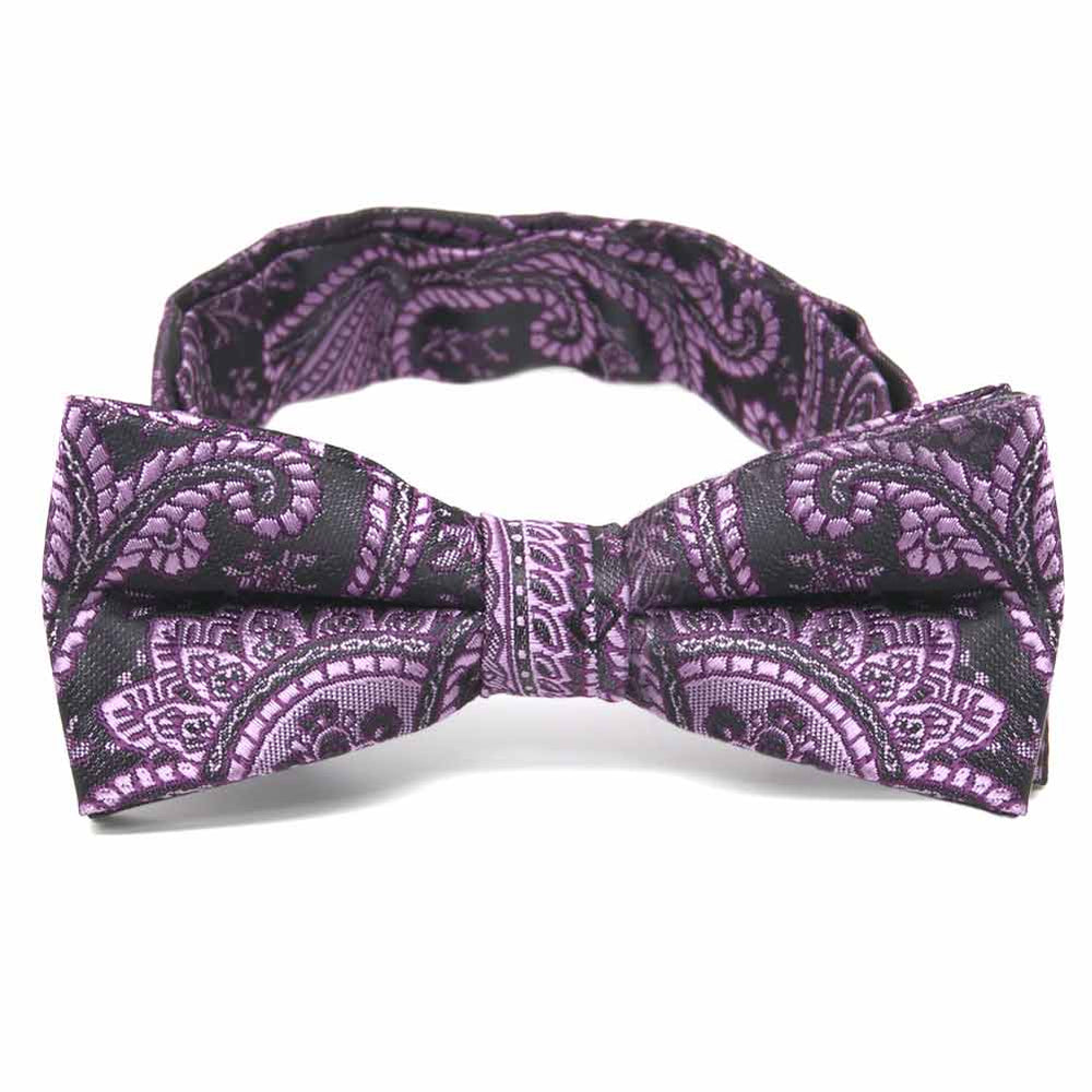 Boys' eggplant paisley bow tie, close up front view