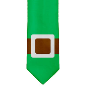 Boys' brown and silver elf belt necktie on a green background.