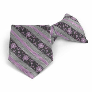 Folded front view of a lavender floral stripe boys' clip-on style tie