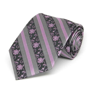 Rolled view of a lavender floral stripe boys' necktie
