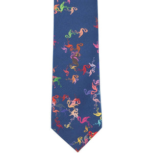 Flat view of a boys' navy blue flamingo pattern necktie
