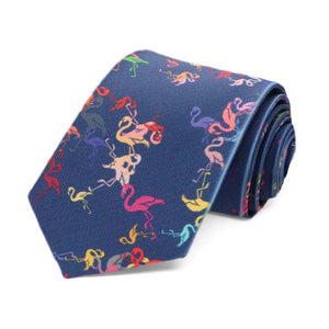 A rolled boys' navy blue flamingo pattern necktie