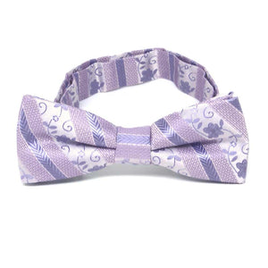 Front view of a light purple floral stripe boys' bow tie
