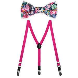A set of boys' bright fuchsia skinny suspenders and floral bow tie