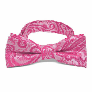 Boys' bright fuchsia paisley bow tie, up close front view