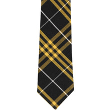 Load image into Gallery viewer, Front tip of a boys&#39; black and gold plaid tie