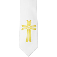 Load image into Gallery viewer, The front of a boys&#39; white tie with a single gold cross
