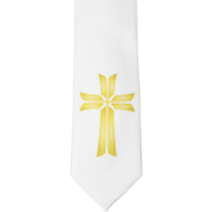 The front of a boys' white tie with a single gold cross