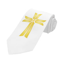 Load image into Gallery viewer, Boys&#39; religious gold cross communion necktie on white background, rolled to show off design